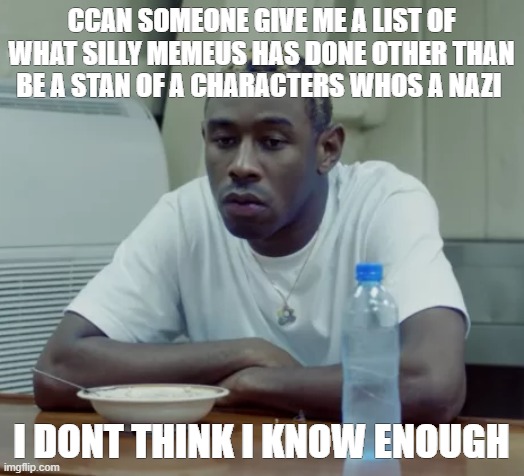 Tyler sad | CCAN SOMEONE GIVE ME A LIST OF WHAT SILLY MEMEUS HAS DONE OTHER THAN BE A STAN OF A CHARACTERS WHOS A NAZI; I DONT THINK I KNOW ENOUGH | image tagged in tyler sad | made w/ Imgflip meme maker