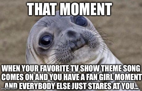Awkward Moment Sealion | THAT MOMENT  WHEN YOUR FAVORITE TV SHOW THEME SONG COMES ON AND YOU HAVE A FAN GIRL MOMENT AND EVERYBODY ELSE JUST STARES AT YOU... | image tagged in memes,awkward moment sealion | made w/ Imgflip meme maker