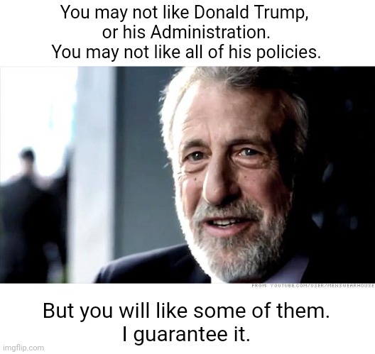 I Guarantee It Meme | You may not like Donald Trump, 
or his Administration.
You may not like all of his policies. But you will like some of them.
I guarantee it. | image tagged in memes,i guarantee it | made w/ Imgflip meme maker