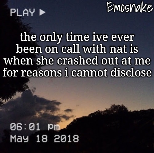 Emosnake's dreamy temp | the only time ive ever been on call with nat is when she crashed out at me for reasons i cannot disclose | image tagged in emosnake's dreamy temp | made w/ Imgflip meme maker