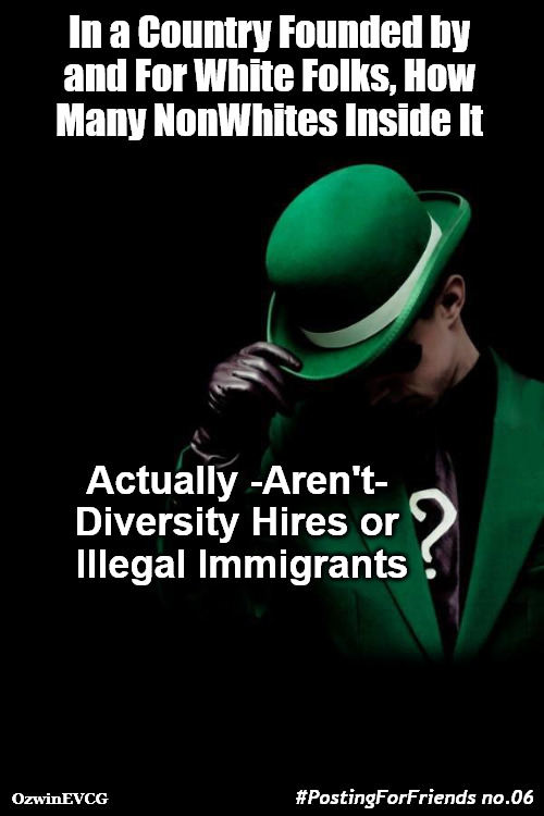 #PostingForFriends no.06 | In a Country Founded by 

and For White Folks, How 

Many NonWhites Inside It; Actually -Aren't- 

Diversity Hires or 

Illegal Immigrants; #PostingForFriends no.06; OzwinEVCG | image tagged in the riddler,american history,asking for a friend,antiwhite double standards,illegal immigrants,diversity hires | made w/ Imgflip meme maker