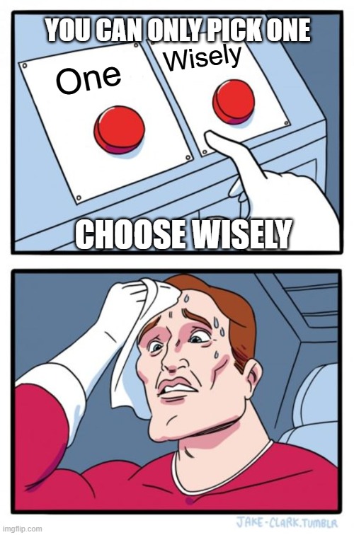 Relatable... | YOU CAN ONLY PICK ONE; Wisely; One; CHOOSE WISELY | image tagged in memes,two buttons,you can pick only one choose wisely,fun,funny | made w/ Imgflip meme maker