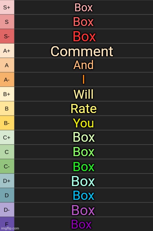 yoshi's new tierlist | Box; Box; Box; Comment; And; I; Will; Rate; You; Box; Box; Box; Box; Box; Box; Box | image tagged in yoshi's new tierlist | made w/ Imgflip meme maker