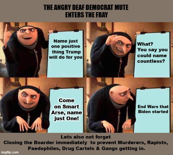 Democrats Clutching at Straws. | THE ANGRY DEAF DEMOCRAT MUTE 
ENTERS THE FRAY; Name just one positive  thing Trump will do for you; What? You say you could name countless? End Wars that
Biden started; Come on Smart Arse, name just One! Lets also not forget 
Closing the Boarder immediately  to prevent Murderers, Rapists, 
Paedophiles, Drug Cartels & Gangs getting in. | image tagged in memes,gru's plan | made w/ Imgflip meme maker