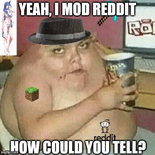 h | YEAH, I MOD REDDIT; HOW COULD YOU TELL? | image tagged in cringe weaboo fat deformed guy and an roblox player and a minecr | made w/ Imgflip meme maker