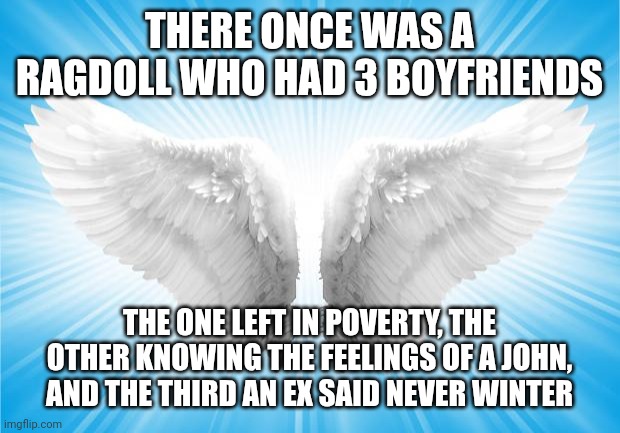 She hit rock bottom and poverty welcomed black dreams and brat feelings | THERE ONCE WAS A RAGDOLL WHO HAD 3 BOYFRIENDS; THE ONE LEFT IN POVERTY, THE OTHER KNOWING THE FEELINGS OF A JOHN, AND THE THIRD AN EX SAID NEVER WINTER | image tagged in angels,rythms,wings,angel,5 and 3 | made w/ Imgflip meme maker