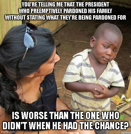 Trump is going to have his hands full in his second presidency :( | YOU'RE TELLING ME THAT THE PRESIDENT WHO PREEMPTIVELY PARDONED HIS FAMILY WITHOUT STATING WHAT THEY'RE BEING PARDONED FOR; IS WORSE THAN THE ONE WHO DIDN'T WHEN HE HAD THE CHANCE? | image tagged in black kid | made w/ Imgflip meme maker