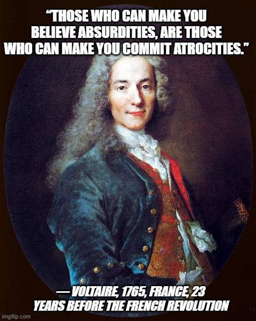 voltaire | “THOSE WHO CAN MAKE YOU BELIEVE ABSURDITIES, ARE THOSE WHO CAN MAKE YOU COMMIT ATROCITIES.”; — VOLTAIRE, 1765, FRANCE, 23 YEARS BEFORE THE FRENCH REVOLUTION | image tagged in voltaire | made w/ Imgflip meme maker