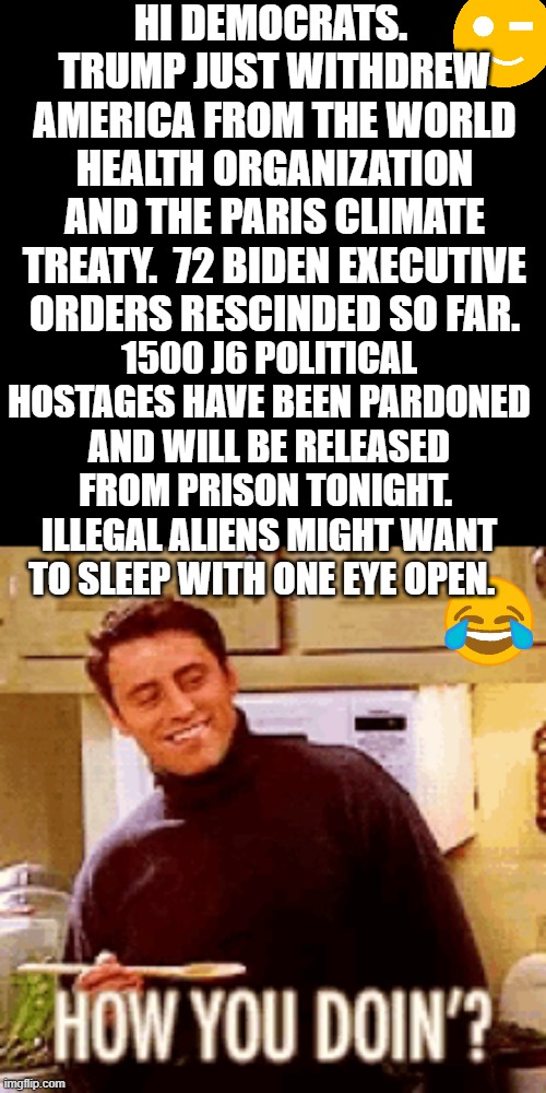 How You Doin'? | HI DEMOCRATS.  TRUMP JUST WITHDREW AMERICA FROM THE WORLD HEALTH ORGANIZATION AND THE PARIS CLIMATE TREATY.  72 BIDEN EXECUTIVE ORDERS RESCINDED SO FAR. 1500 J6 POLITICAL HOSTAGES HAVE BEEN PARDONED AND WILL BE RELEASED FROM PRISON TONIGHT.  ILLEGAL ALIENS MIGHT WANT TO SLEEP WITH ONE EYE OPEN. | made w/ Imgflip meme maker