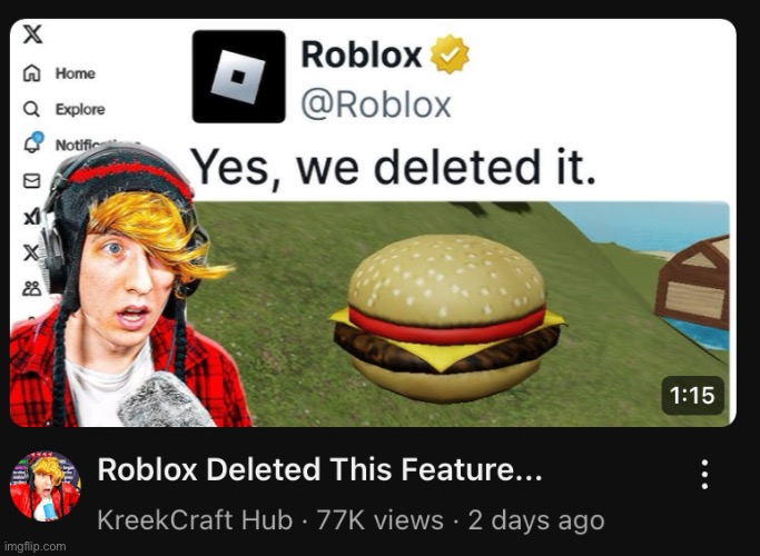 ? | image tagged in kreekcraft,roblox,remove,feature,sad | made w/ Imgflip meme maker