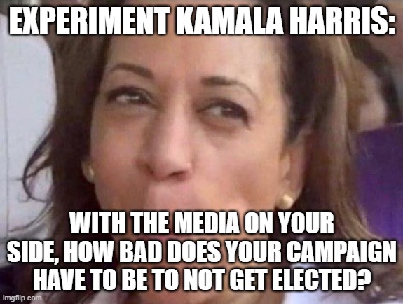 How bad? | EXPERIMENT KAMALA HARRIS:; WITH THE MEDIA ON YOUR SIDE, HOW BAD DOES YOUR CAMPAIGN HAVE TO BE TO NOT GET ELECTED? | image tagged in kamala harris | made w/ Imgflip meme maker