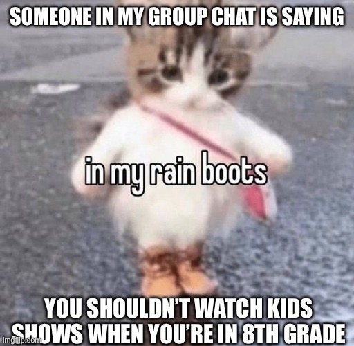 Rain boots | SOMEONE IN MY GROUP CHAT IS SAYING; YOU SHOULDN’T WATCH KIDS SHOWS WHEN YOU’RE IN 8TH GRADE | image tagged in rain boots | made w/ Imgflip meme maker