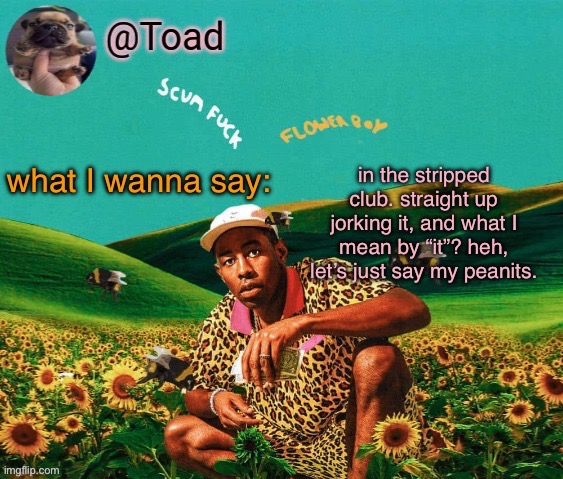 tylor (im kissing you spino) | in the stripped club. straight up jorking it, and what I mean by “it”? heh, let’s just say my peanits. | image tagged in tylor im kissing you spino | made w/ Imgflip meme maker