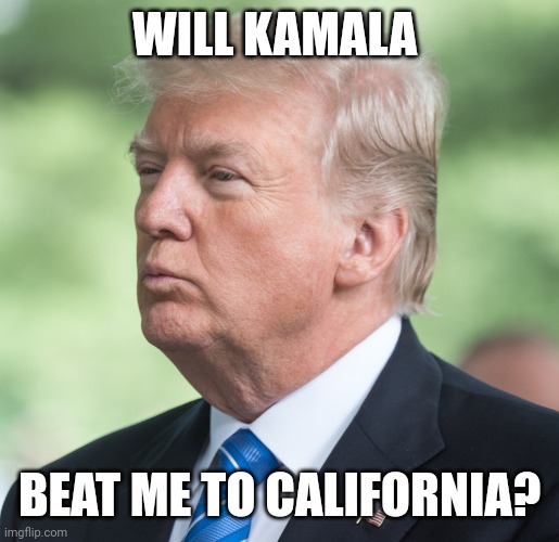 Tag! | WILL KAMALA; BEAT ME TO CALIFORNIA? | image tagged in donald j trump | made w/ Imgflip meme maker