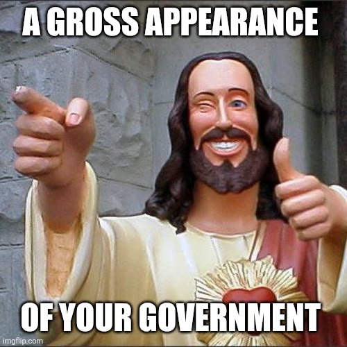 Pardon me? | A GROSS APPEARANCE; OF YOUR GOVERNMENT | image tagged in memes,buddy christ | made w/ Imgflip meme maker