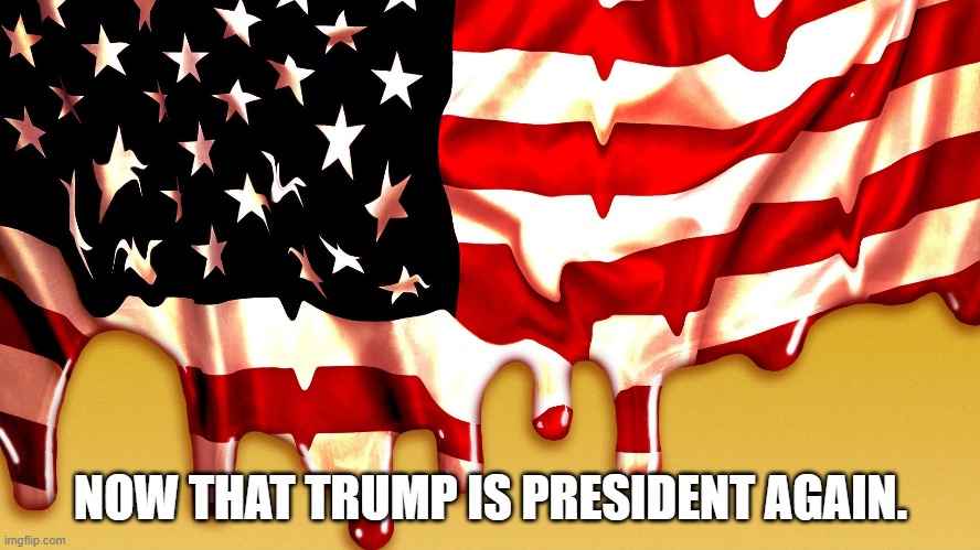 NOW THAT TRUMP IS PRESIDENT AGAIN. | image tagged in melting american flag | made w/ Imgflip meme maker