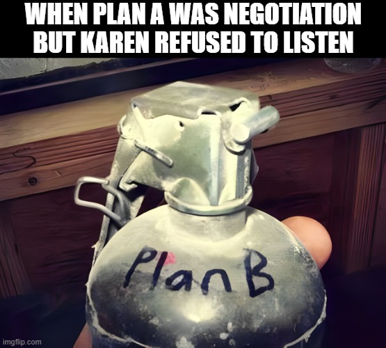Plan B | WHEN PLAN A WAS NEGOTIATION BUT KAREN REFUSED TO LISTEN | image tagged in memes | made w/ Imgflip meme maker