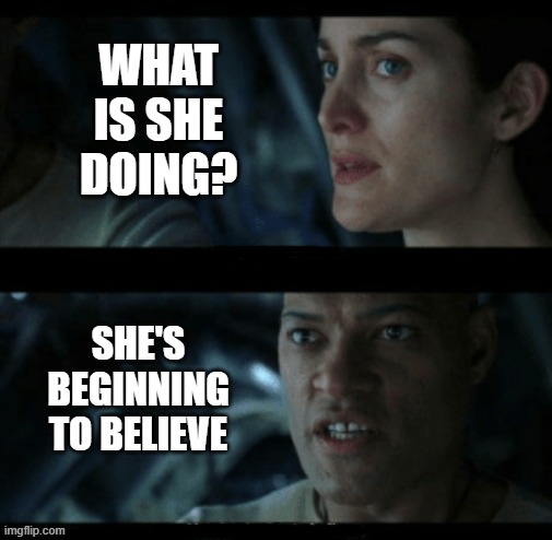 he's beginning to believe | WHAT
 IS SHE 
DOING? SHE'S
BEGINNING
TO BELIEVE | image tagged in he's beginning to believe | made w/ Imgflip meme maker