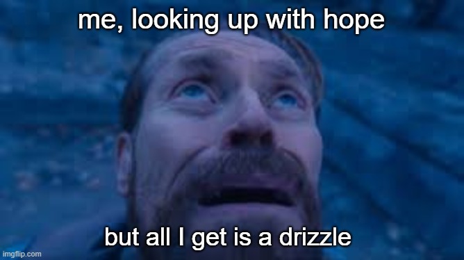 crying dafoe | me, looking up with hope but all I get is a drizzle | image tagged in crying dafoe | made w/ Imgflip meme maker