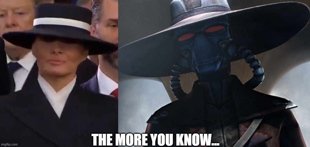 Melania goes Bane | THE MORE YOU KNOW... | image tagged in melania,trump,melania trump,cad bane,star wars,the mandalorian | made w/ Imgflip meme maker