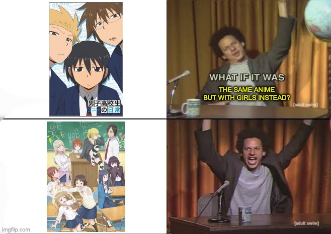 Wasteful Days of High School Girls | THE SAME ANIME BUT WITH GIRLS INSTEAD? | image tagged in but what if it was x eric andre | made w/ Imgflip meme maker