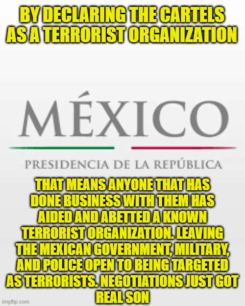 Mexico Owned by Trump | BY DECLARING THE CARTELS AS A TERRORIST ORGANIZATION; THAT MEANS ANYONE THAT HAS
DONE BUSINESS WITH THEM HAS
AIDED AND ABETTED A KNOWN
TERRORIST ORGANIZATION. LEAVING
THE MEXICAN GOVERNMENT, MILITARY,
AND POLICE OPEN TO BEING TARGETED
AS TERRORISTS. NEGOTIATIONS JUST GOT
REAL SON | image tagged in mexico,terrorist,terrorists,maga,trump,america first | made w/ Imgflip meme maker