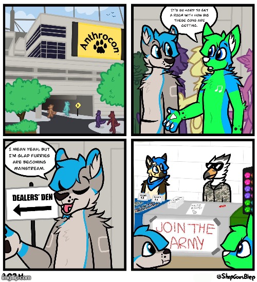 HOLY SHISSE, MILITARY MENTIONED.(art credit: ShepGoesBlep) | image tagged in military,anthrocon,furry,cartoon,comic,let's fucking go | made w/ Imgflip meme maker