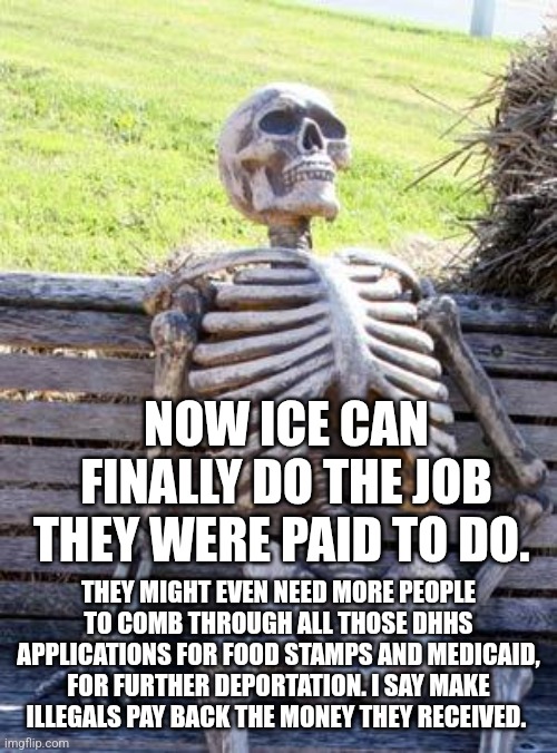 Waiting Skeleton | NOW ICE CAN FINALLY DO THE JOB THEY WERE PAID TO DO. THEY MIGHT EVEN NEED MORE PEOPLE TO COMB THROUGH ALL THOSE DHHS APPLICATIONS FOR FOOD STAMPS AND MEDICAID, FOR FURTHER DEPORTATION. I SAY MAKE ILLEGALS PAY BACK THE MONEY THEY RECEIVED. | image tagged in memes,waiting skeleton | made w/ Imgflip meme maker