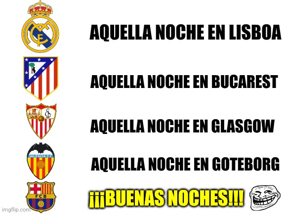 Etiqueta a un fan del F.C. Barcelona ToT | AQUELLA NOCHE EN LISBOA; AQUELLA NOCHE EN BUCAREST; AQUELLA NOCHE EN GLASGOW; AQUELLA NOCHE EN GOTEBORG; ¡¡¡BUENAS NOCHES!!! | image tagged in real madrid,barca,atletico,valencia,sevilla,futbol | made w/ Imgflip meme maker