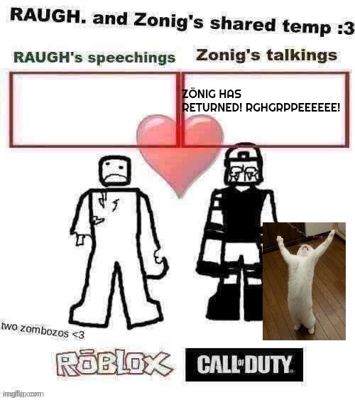 RAUGH. and Zonig's shared temp :3 | ZÖNIG HAS RETURNED! RGHGRPPEEEEEE! | image tagged in raugh and zonig's shared temp 3 | made w/ Imgflip meme maker