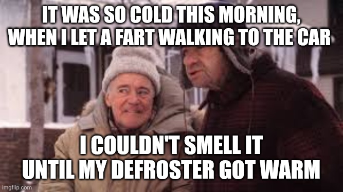 Freezing temps | IT WAS SO COLD THIS MORNING, WHEN I LET A FART WALKING TO THE CAR; I COULDN'T SMELL IT UNTIL MY DEFROSTER GOT WARM | image tagged in grumpy old men,freezing cold,fart | made w/ Imgflip meme maker