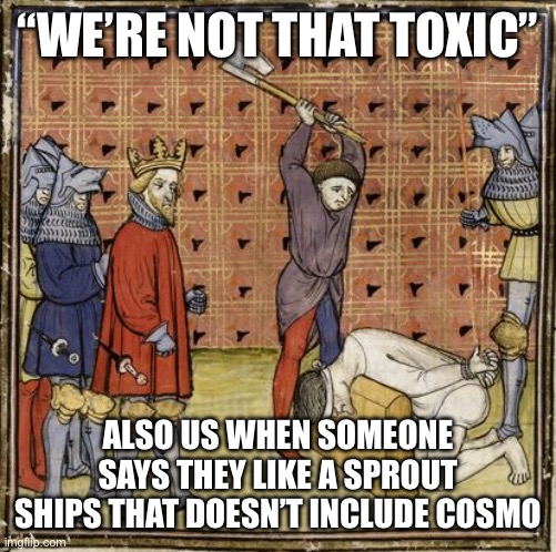 This only applies to some of us | “WE’RE NOT THAT TOXIC”; ALSO US WHEN SOMEONE SAYS THEY LIKE A SPROUT SHIPS THAT DOESN’T INCLUDE COSMO | image tagged in medieval executioner | made w/ Imgflip meme maker