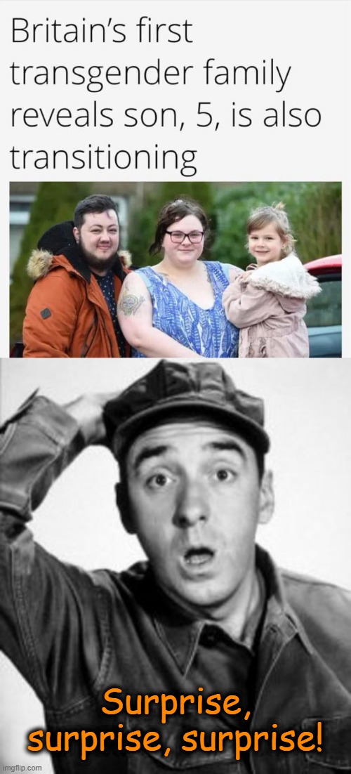 "Well Gol-l-ly" | Surprise, surprise, surprise! | image tagged in gomer pyle,no surprise there,trans,communicable,parenting,role model | made w/ Imgflip meme maker