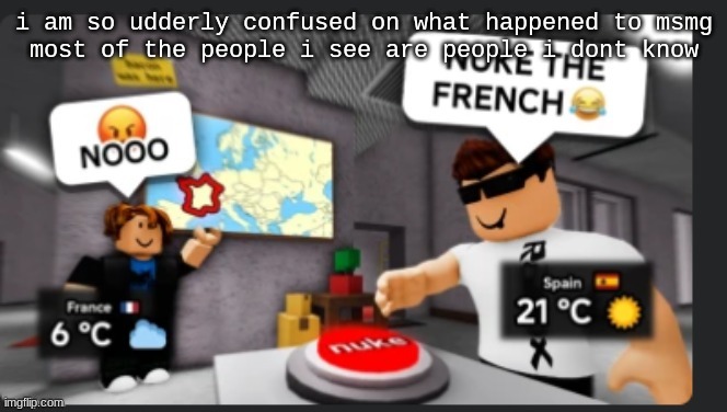 its been 2 weeks since ive been on msmg | i am so udderly confused on what happened to msmg
most of the people i see are people i dont know | image tagged in nuke the french | made w/ Imgflip meme maker