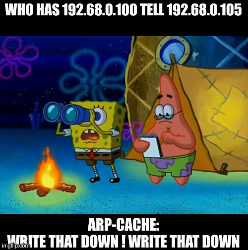 Spongebob write that down | WHO HAS 192.68.0.100 TELL 192.68.0.105; ARP-CACHE:
WRITE THAT DOWN ! WRITE THAT DOWN | image tagged in spongebob write that down | made w/ Imgflip meme maker