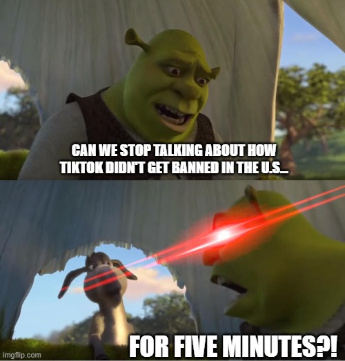 I mean, we all get it, but it's annoying enough. | CAN WE STOP TALKING ABOUT HOW TIKTOK DIDN'T GET BANNED IN THE U.S... FOR FIVE MINUTES?! | image tagged in shrek for five minutes,memes,funny,tiktok | made w/ Imgflip meme maker