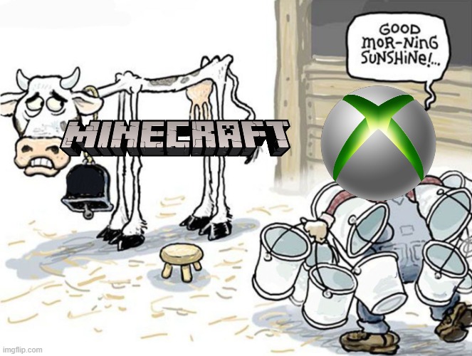 this is gonna be the year minecraft dies | image tagged in milking the cow,prediction,microsoft,warner bros discovery | made w/ Imgflip meme maker