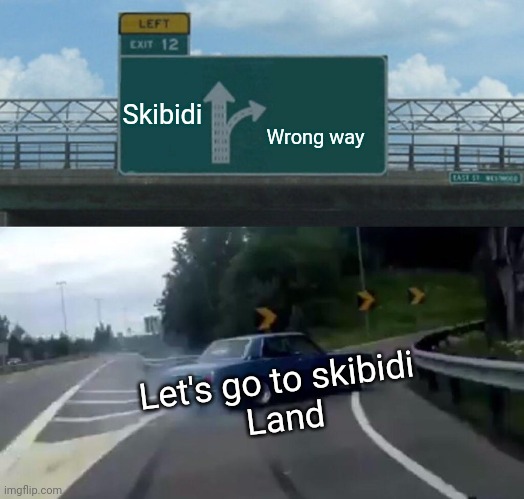 Left Exit 12 Off Ramp Meme | Wrong way; Skibidi; Let's go to skibidi 
Land | image tagged in memes,left exit 12 off ramp | made w/ Imgflip meme maker