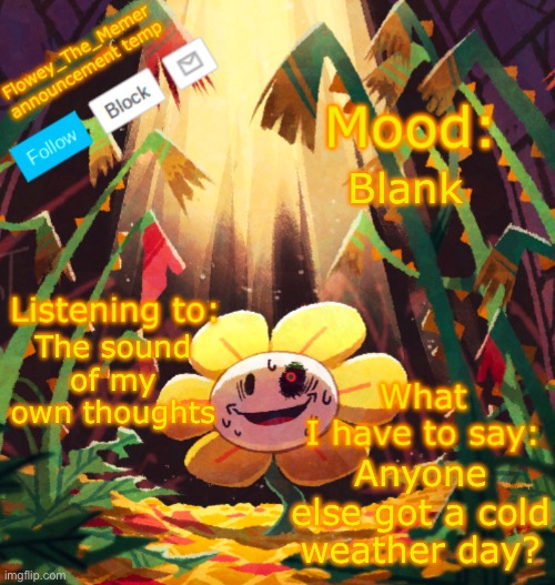 No thoughts, head empty | Blank; The sound of my own thoughts; Anyone else got a cold weather day? | image tagged in flowey_the_memer announcement template | made w/ Imgflip meme maker