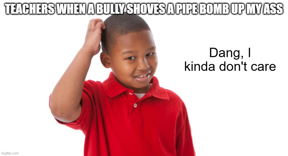 Dang I kinda | TEACHERS WHEN A BULLY SHOVES A PIPE BOMB UP MY ASS; Dang, I kinda don't care | image tagged in dang i kinda | made w/ Imgflip meme maker