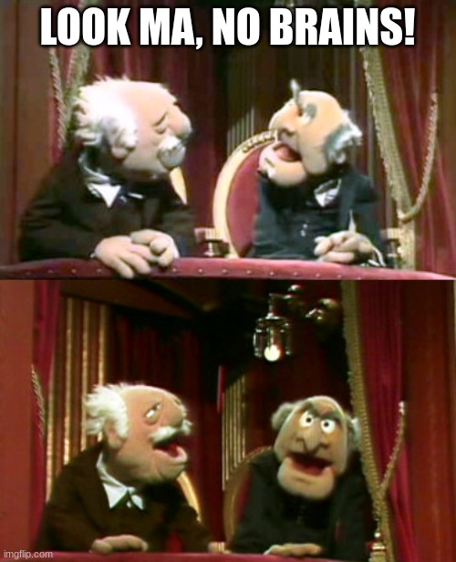 Statler and Waldorf template | LOOK MA, NO BRAINS! | image tagged in statler and waldorf template | made w/ Imgflip meme maker