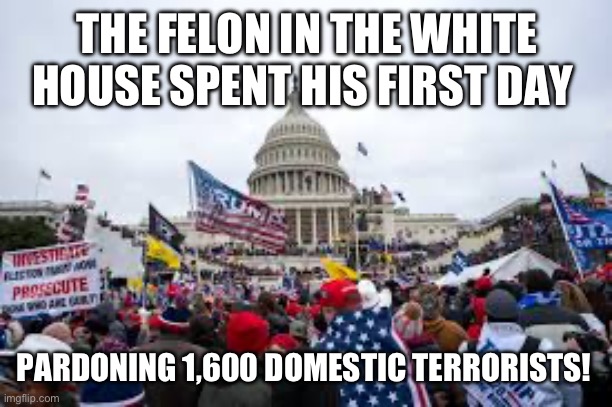 THE FELON IN THE WHITE HOUSE SPENT HIS FIRST DAY; PARDONING 1,600 DOMESTIC TERRORISTS! | made w/ Imgflip meme maker