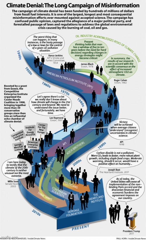 Flooding the mainstream media with anti-environmental disinfo | image tagged in oil industry,conspiracy,disinformation,flooding the zone,trump lies,lamestream media | made w/ Imgflip meme maker