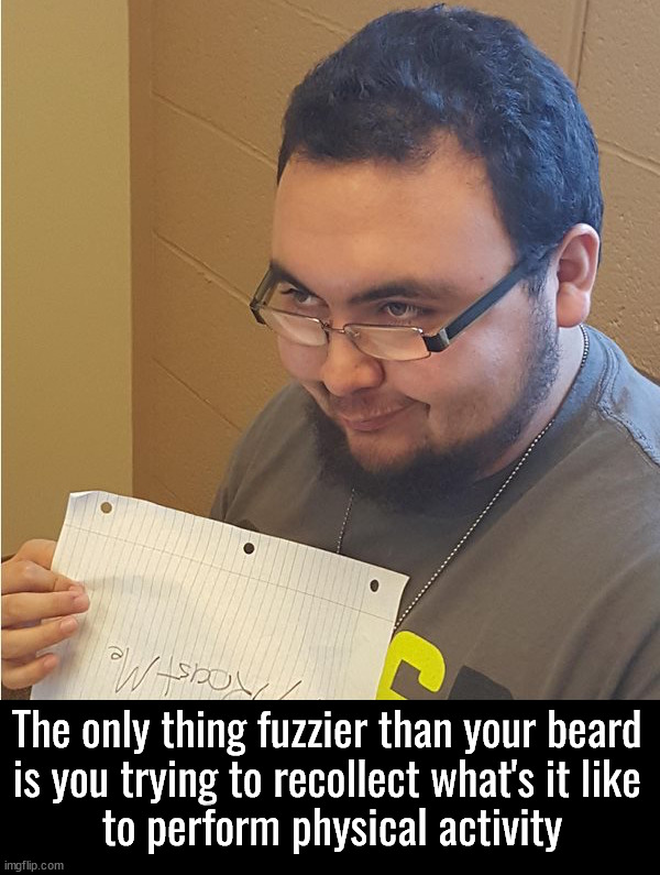 Trying to remember the last time | The only thing fuzzier than your beard 
is you trying to recollect what's it like 
to perform physical activity | image tagged in insult | made w/ Imgflip meme maker