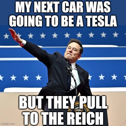 FAFO Stage Two Reached | MY NEXT CAR WAS GOING TO BE A TESLA; BUT THEY PULL TO THE REICH | image tagged in tesla,nazi,funny | made w/ Imgflip meme maker