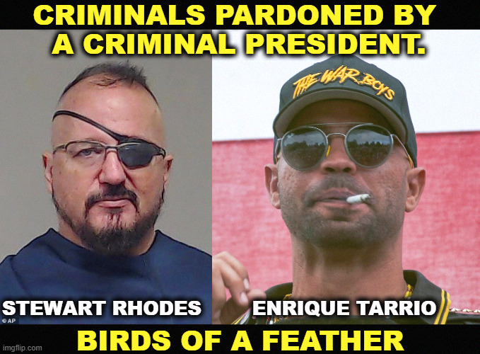 CRIMINALS PARDONED BY 
A CRIMINAL PRESIDENT. BIRDS OF A FEATHER; STEWART RHODES        ENRIQUE TARRIO | image tagged in trump,criminal,proud boys,oath keepers,stewart rhodes,enrique tarrio | made w/ Imgflip meme maker