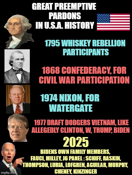 Great Pre-emptive Pardons In USA History | GREAT PREEMPTIVE 
PARDONS
IN U.S.A. HISTORY; 1795 WHISKEY REBELLION 
PARTICIPANTS; 1868 CONFEDERACY, FOR
CIVIL WAR PARTICIPATION; 1974 NIXON, FOR 
WATERGATE; 1977 DRAFT DODGERS VIETNAM, LIKE
ALLEGEDLY CLINTON, W, TRUMP, BIDEN; 2025; BIDENS OWN FAMILY MEMBERS, 
FAUCI, MILLEY, J6 PANEL : SCHIFF, RASKIN,
THOMPSON, LURIA, LOFGREN, AGUILAR, MURPHY, 
CHENEY, KINZINGER | image tagged in george washington,johnson,ford,jimmy carter,joe biden,pardon | made w/ Imgflip meme maker