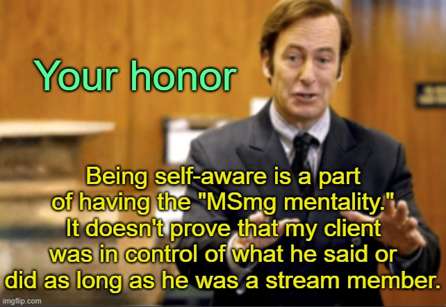 . | Your honor; Being self-aware is a part of having the "MSmg mentality." It doesn't prove that my client was in control of what he said or did as long as he was a stream member. | image tagged in saul goodman defending | made w/ Imgflip meme maker