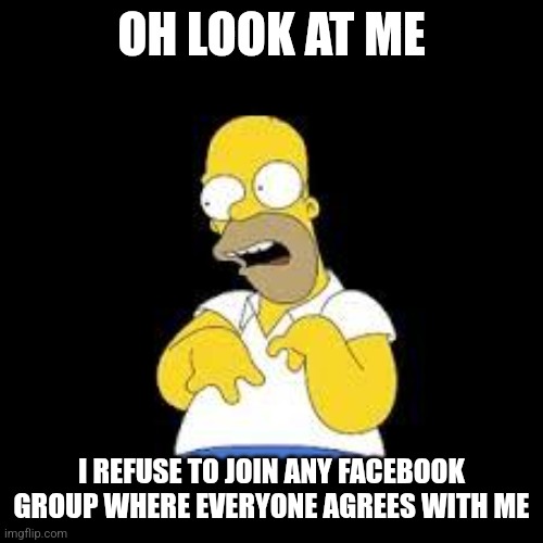 Look Marge | OH LOOK AT ME; I REFUSE TO JOIN ANY FACEBOOK GROUP WHERE EVERYONE AGREES WITH ME | image tagged in look marge | made w/ Imgflip meme maker