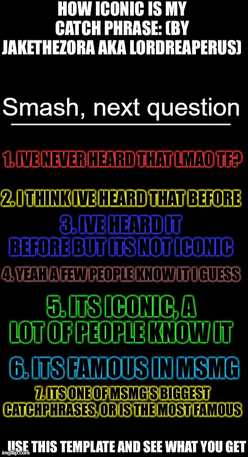 How iconic is my catchphrase | Smash, next question | image tagged in how iconic is my catchphrase | made w/ Imgflip meme maker